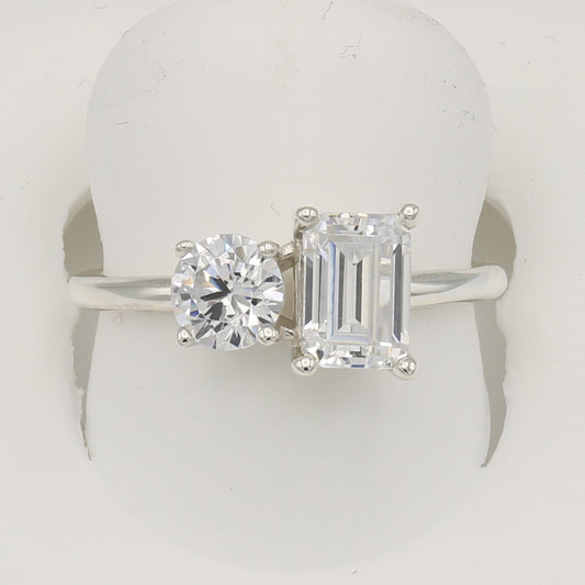 Sterling Silver 2-Stone Emerald-Cut & Round-Cut CZ Rings
