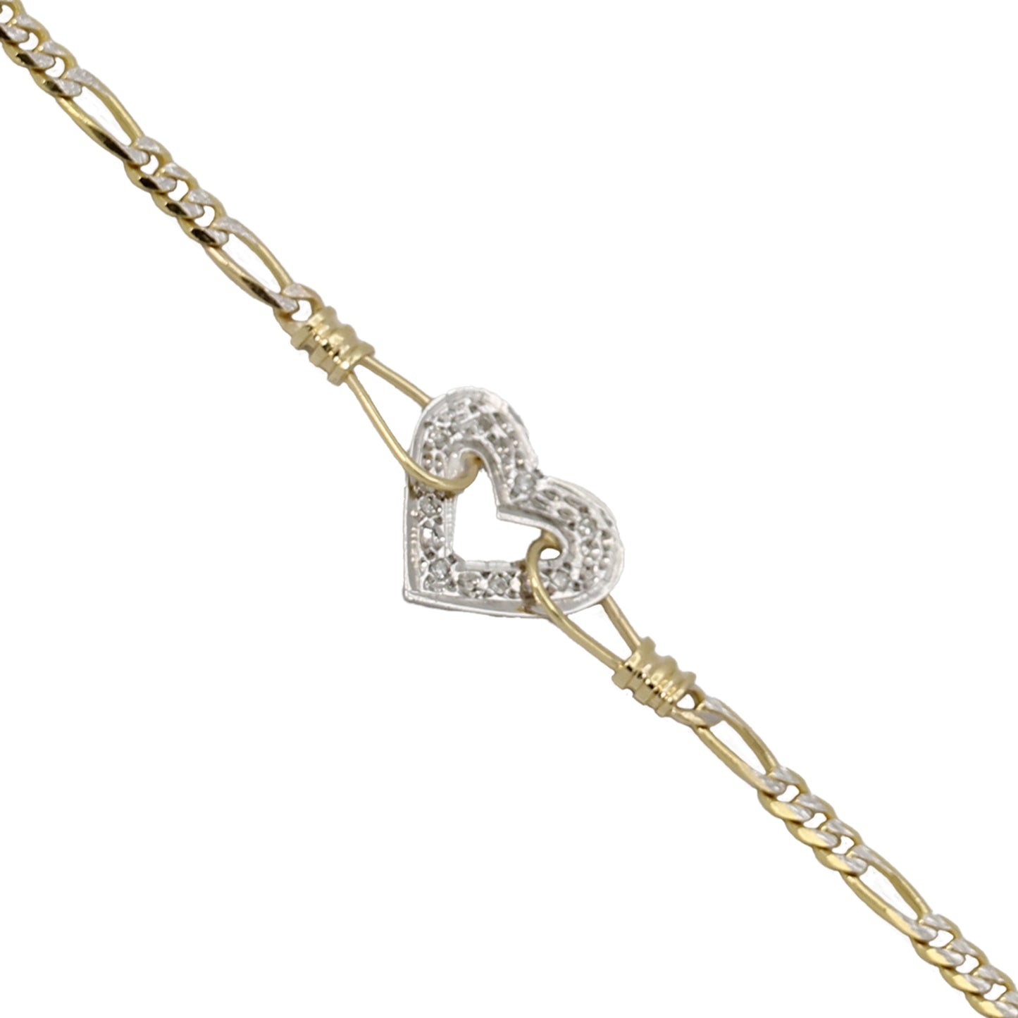 14k Two-Tone Gold Diamond Heart Figaro Link Bracelet