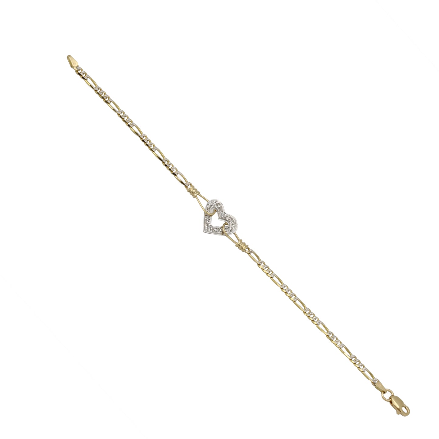 14k Two-Tone Gold Diamond Heart Figaro Link Bracelet