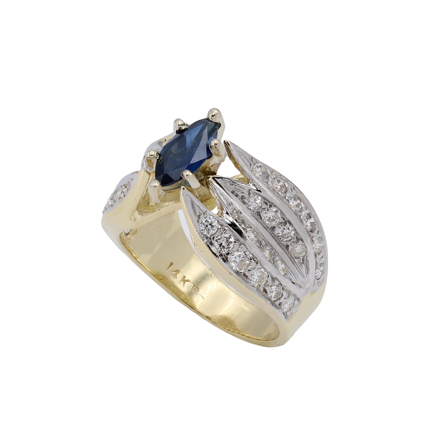 14k Two-Tone Gold Marquise Sapphire & Diamond Ring - 0.88ct TDW