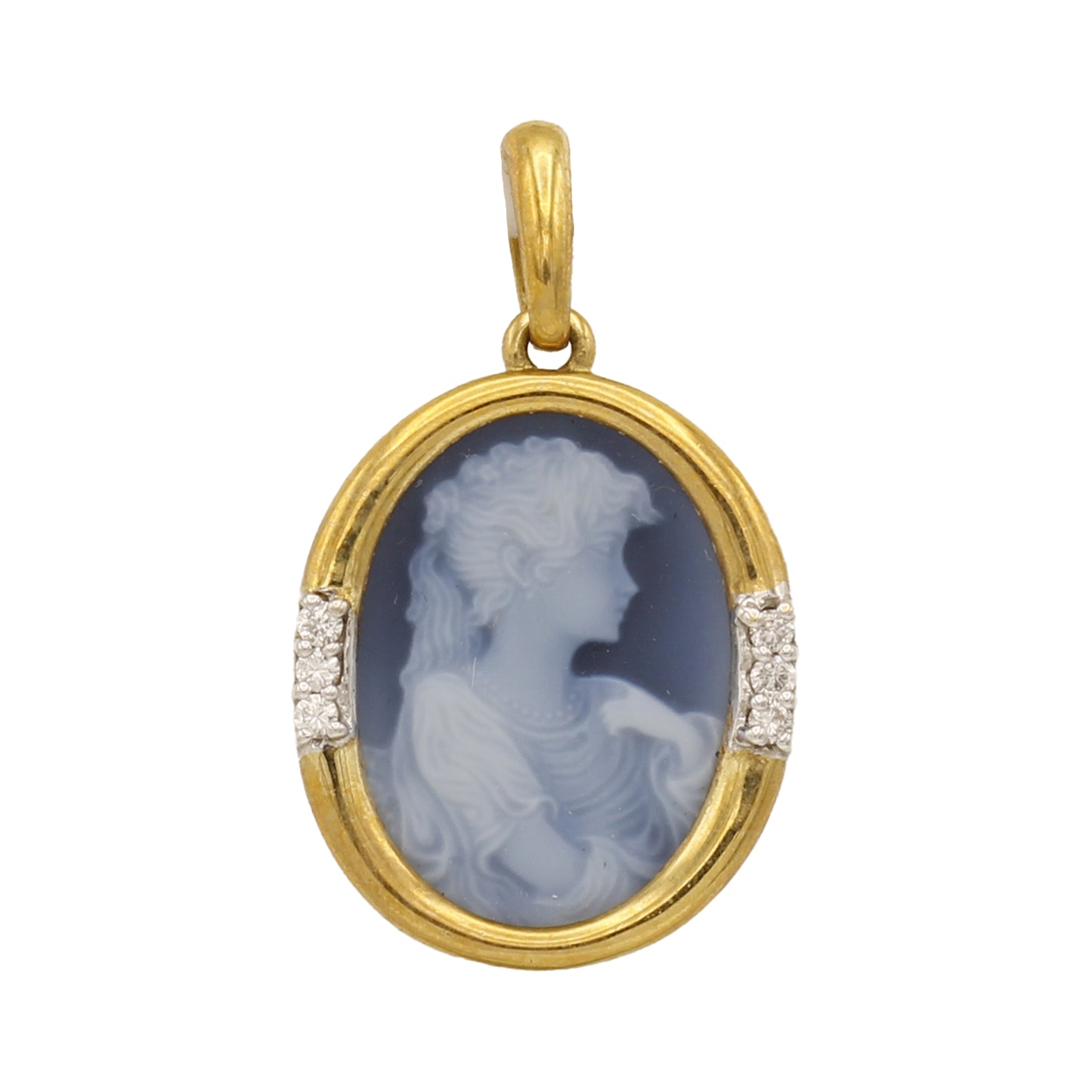 18k Yellow Gold Oval Diamond Blue Cameo Woman Charm Pendant
