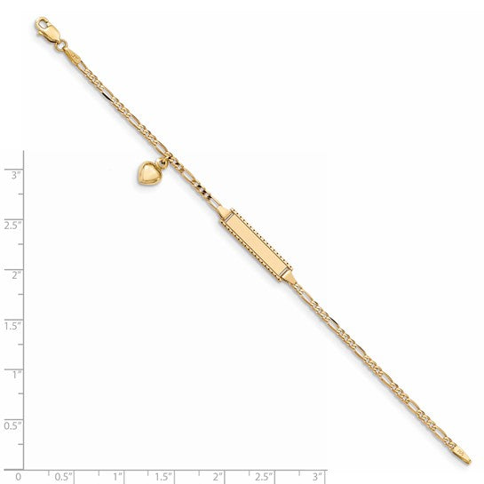 14k Dangling Heart Etched Border Children's Figaro Link ID Bracelet