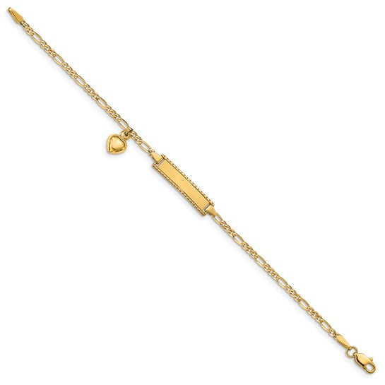 14k Dangling Heart Etched Border Children's Figaro Link ID Bracelet