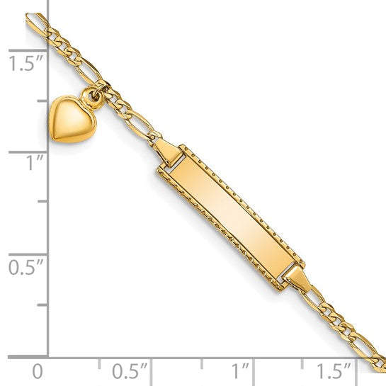 14k Dangling Heart Etched Border Children's Figaro Link ID Bracelet