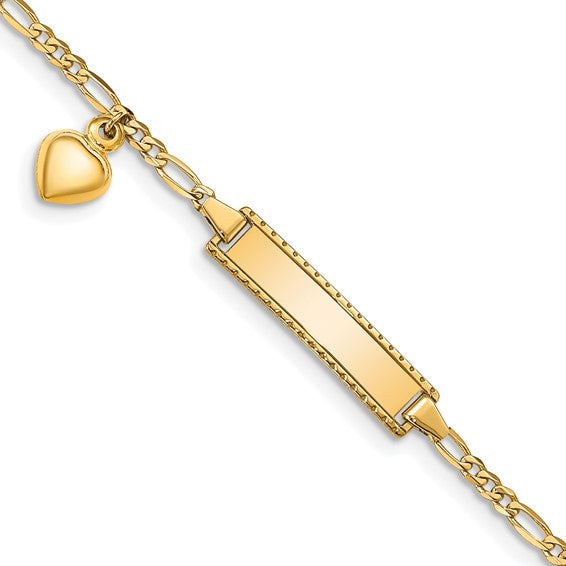 14k Dangling Heart Etched Border Children's Figaro Link ID Bracelet