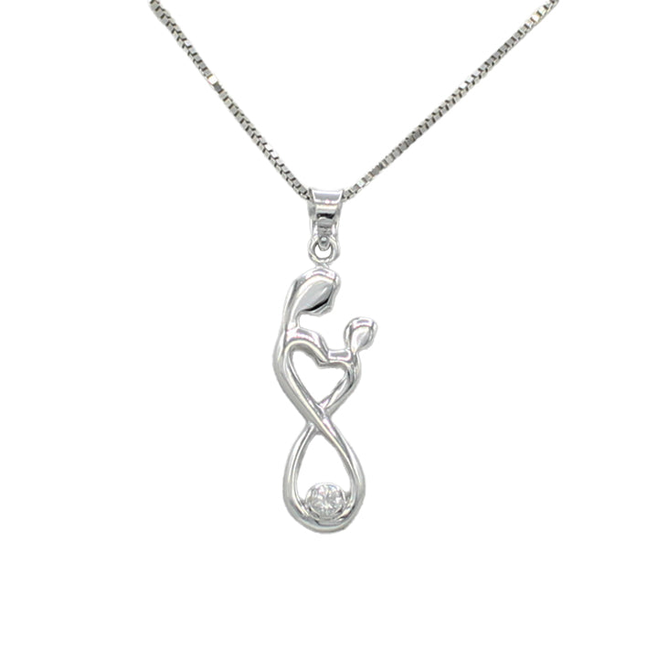 14k White Gold CZ Mother & Child Infinity Pendant