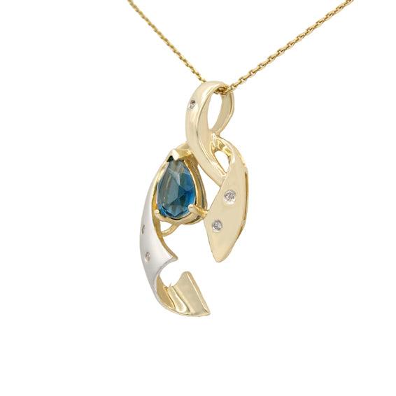14k Two-Tone Blue Topaz & Diamond Pendant