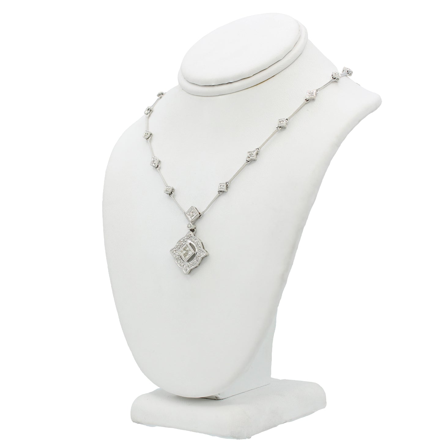 14k White Gold Princess-Cut Diamond Drop & Round Diamond Stationed Necklace