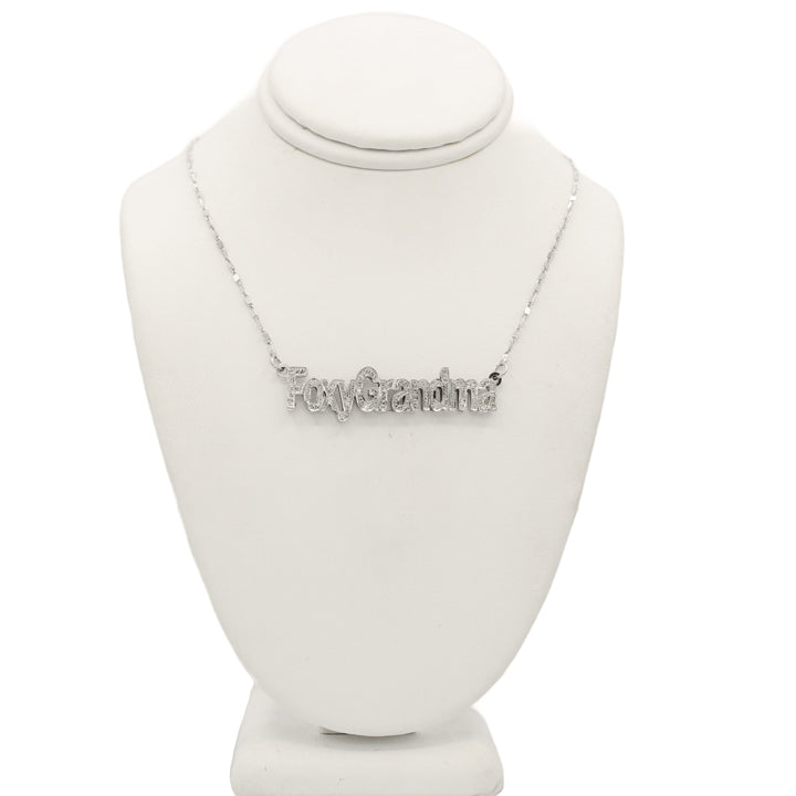 14k White Diamond "Foxy Grandma" Nameplate Necklace