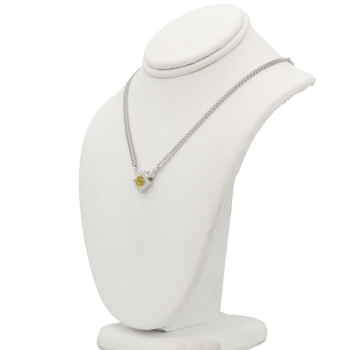 14k White Gold Diamond & Yellow Citrine Stone Necklace