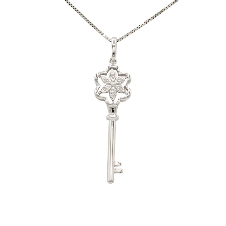 14k White Gold Diamond Key Pendant