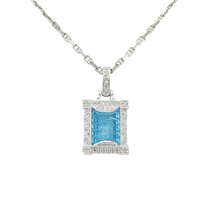 14k White Gold Diamond & Laser-Etched Blue Topaz Pendant