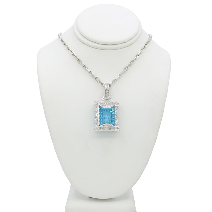 14k White Gold Diamond & Laser-Etched Blue Topaz Pendant