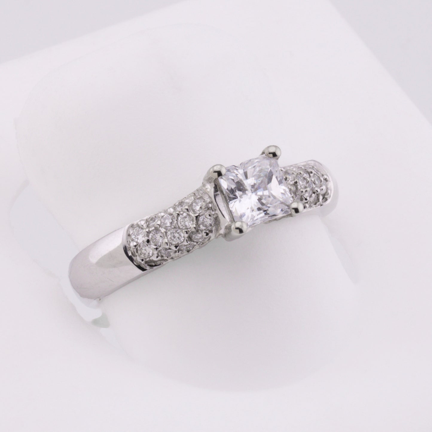 14k White Gold Pave Diamond Engagement Ring w/ CZ Princess-Cut Center Stone