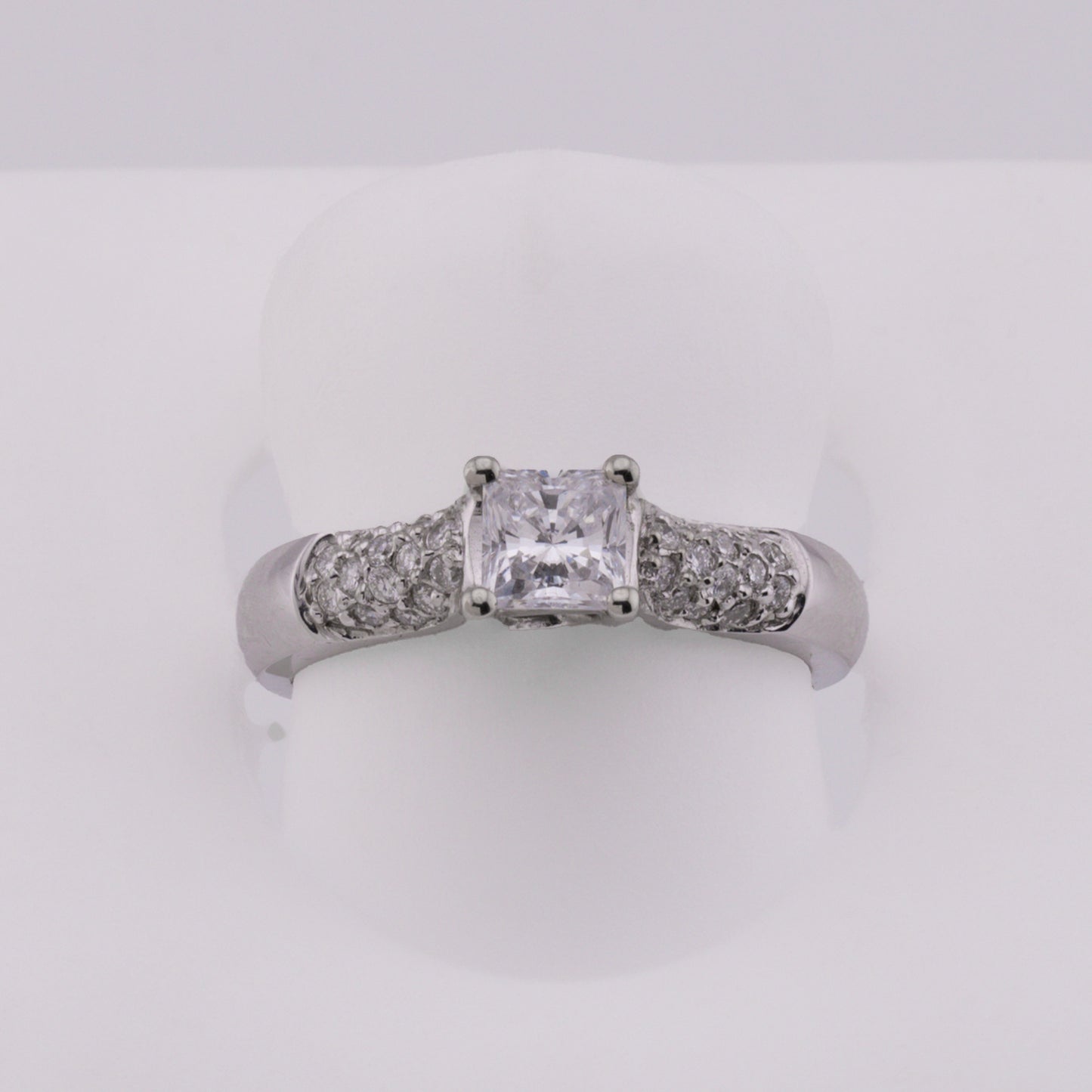 14k White Gold Pave Diamond Engagement Ring w/ CZ Princess-Cut Center Stone
