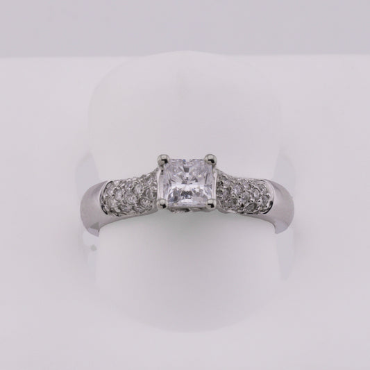 14k White Gold Pave Diamond Engagement Ring w/ CZ Princess-Cut Center Stone