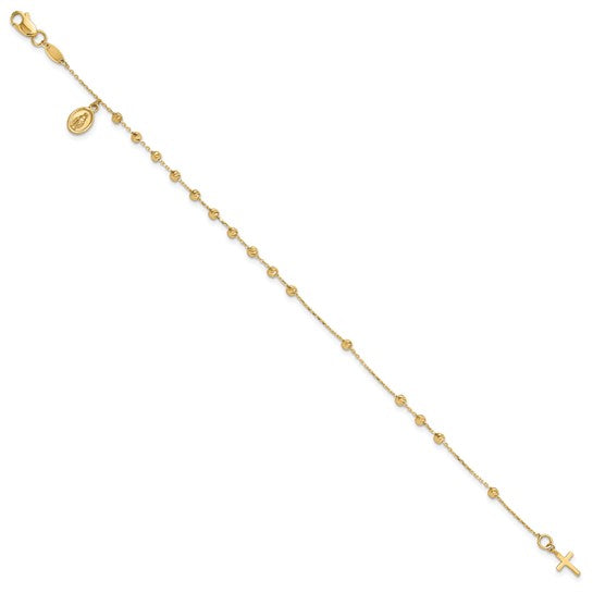 14k Yellow Gold Polished Miraculous Medal and Cross Rosary Bracelet - 7.5 Inches