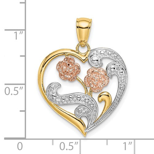 14k Tri-Color Gold Flower Heart Charm