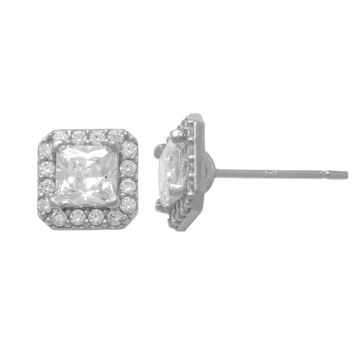 14k CZ Princess-Cut Halo Stud Earrings