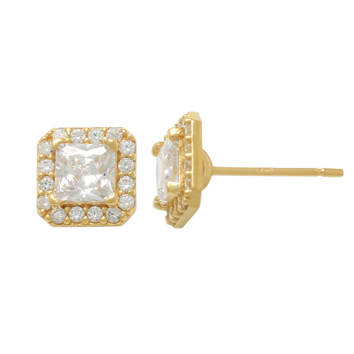 14k CZ Princess-Cut Halo Stud Earrings