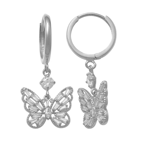 14k White CZ Butterfly Huggie Earrings