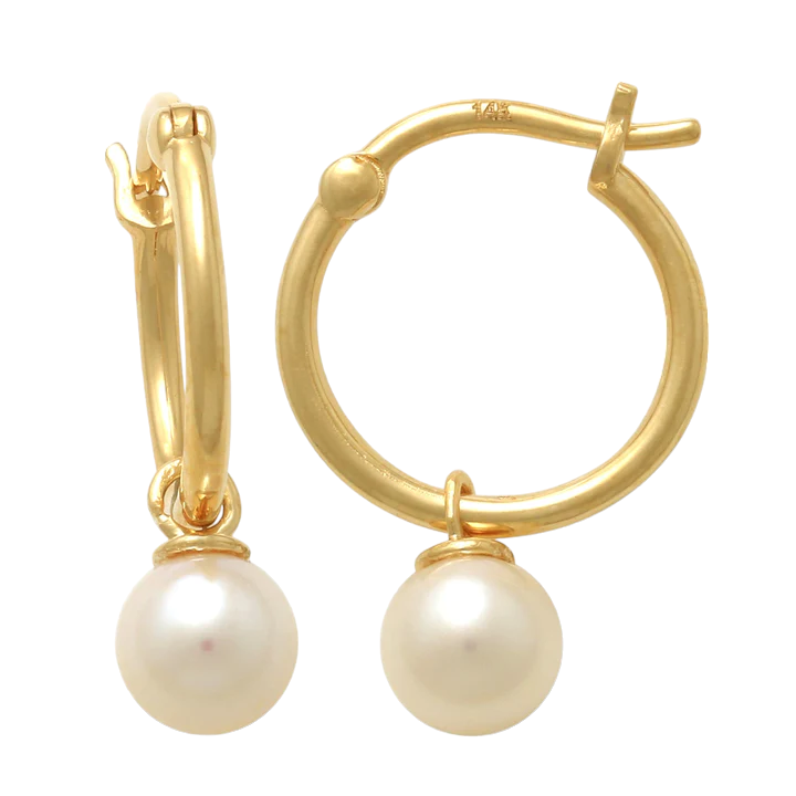14k Dangling Pearl Hoop Earrings