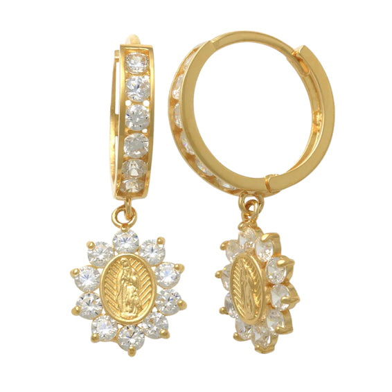 14k CZ Miraculous Medallion Huggie Earrings