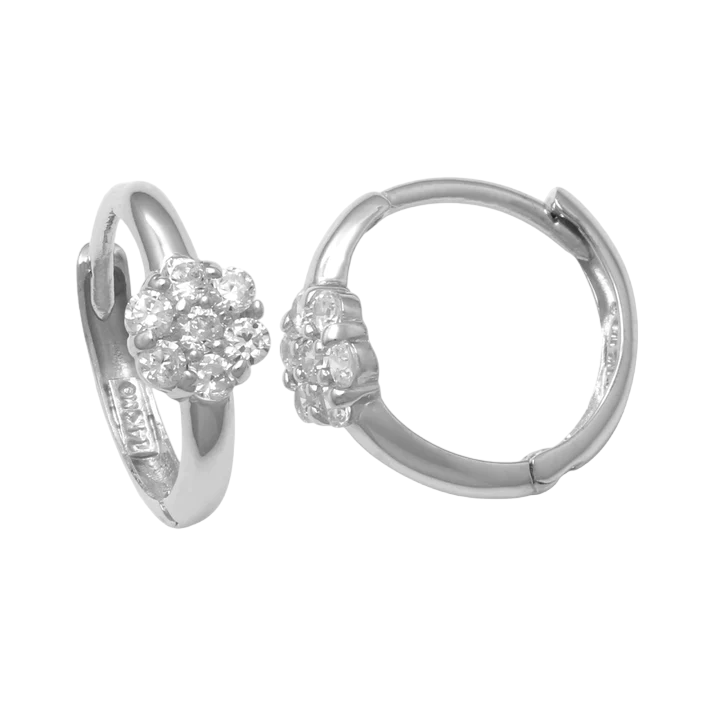 14k White CZ Flower Cluster Children's Huggie Earrings