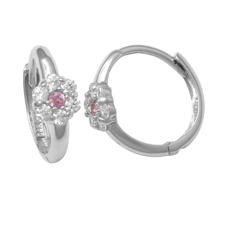 14k White CZ Flower Cluster Children's Huggie Earrings