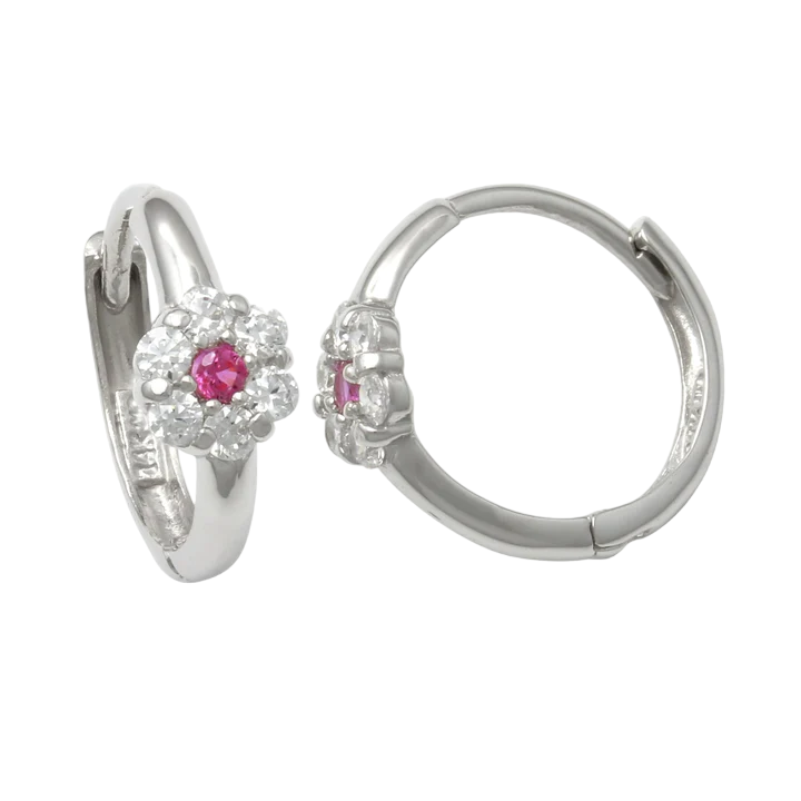 14k White CZ Flower Cluster Children's Huggie Earrings