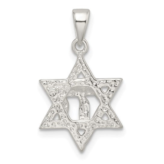 Sterling Silver Polished & Diamond-Cut Star of David w/ Chai Pendant