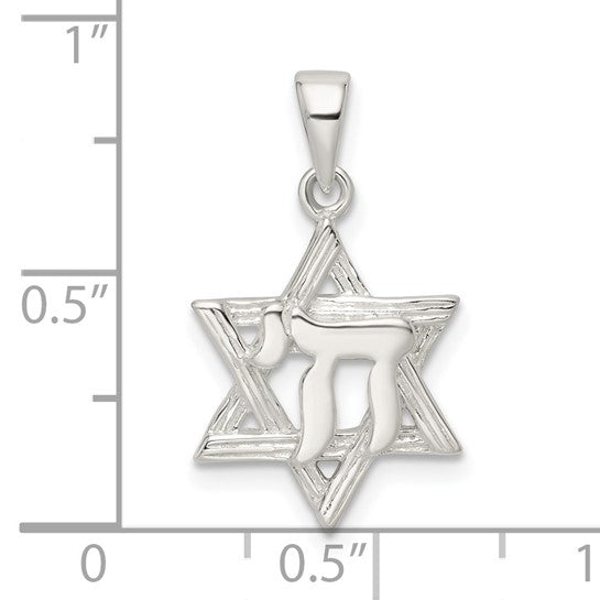 Sterling Silver Polished & Diamond-Cut Star of David w/ Chai Pendant
