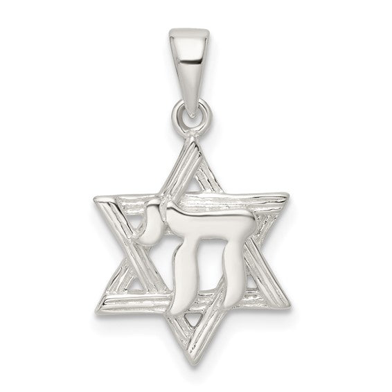 Sterling Silver Polished & Diamond-Cut Star of David w/ Chai Pendant