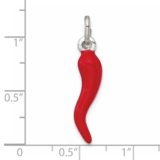 Sterling Silver Red Enamel Italian Horn Charm - 29mm
