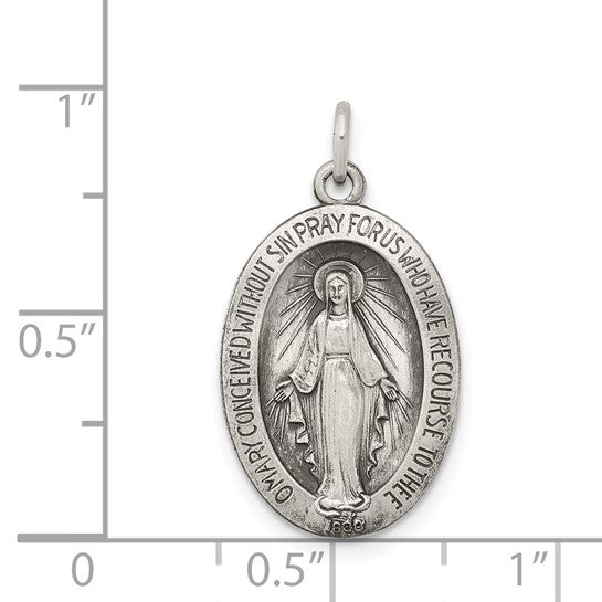Sterling Silver Antiqued Miraculous Medallion - 21.2 x 13.3 mm