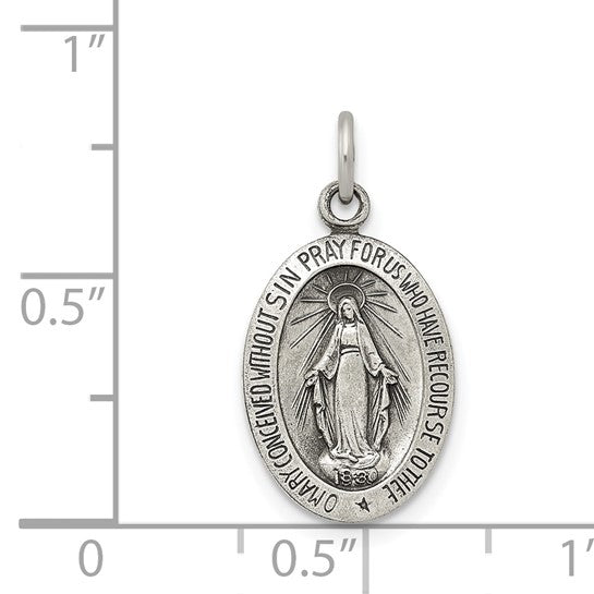 Sterling Silver Antiqued Miraculous Medallion - 20 x 10 mm