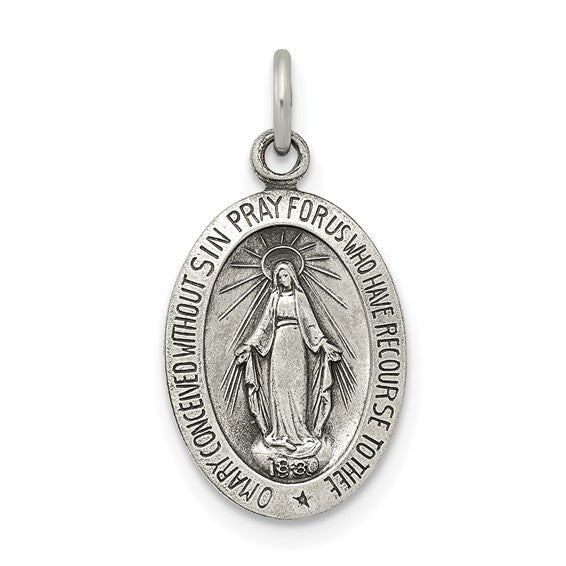 Sterling Silver Antiqued Miraculous Medallion - 20 x 10 mm