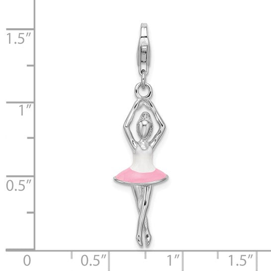 Sterling Silver Rhodium-Plated Polished 3-D Enameled Ballerina Charm with Fancy Lobster Clasp