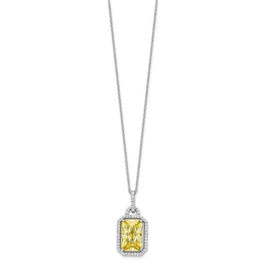 Sterling Silver Yellow CZ Emerald-Cut Solitaire with Halo Necklace