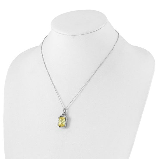 Sterling Silver Yellow CZ Emerald-Cut Solitaire with Halo Necklace