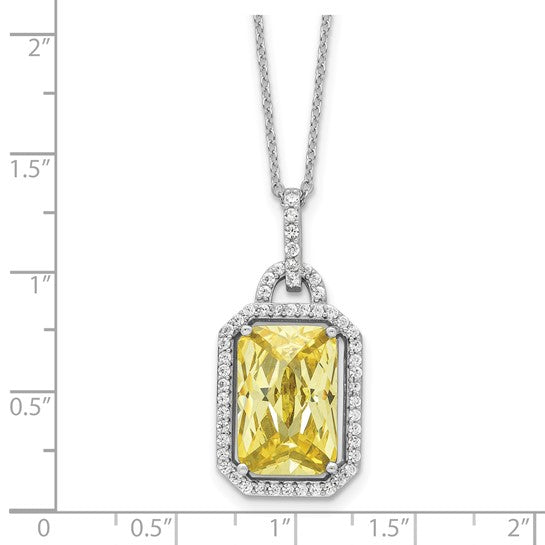 Sterling Silver Yellow CZ Emerald-Cut Solitaire with Halo Necklace