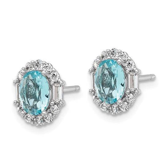 Sterling Silver Light Blue Oval-Cut CZ Solitaire w/White CZ Stones Halo Post Earrings