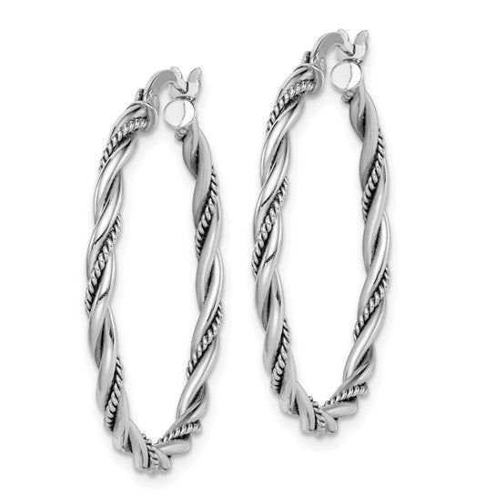 Sterling Silver Antiqued Twisted Hoop Earrings - 30 mm
