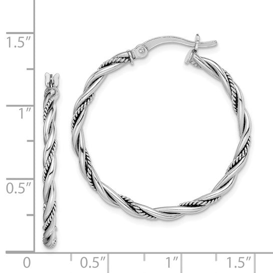 Sterling Silver Antiqued Twisted Hoop Earrings - 30 mm