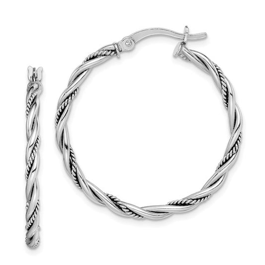 Sterling Silver Antiqued Twisted Hoop Earrings - 30 mm