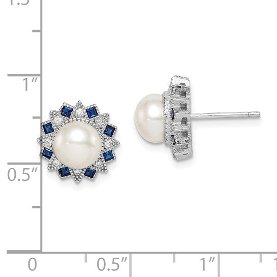 Sterling Silver FWC Pearl, CZ, & Lab-Created Blue Spinel Post Earrings