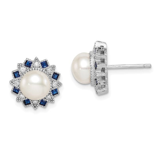 Sterling Silver FWC Pearl, CZ, & Lab-Created Blue Spinel Post Earrings