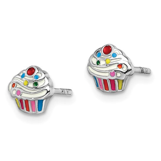 Sterling Silver Rhodium-Plated Multi-Color Enameled Cupcake Post Earrings
