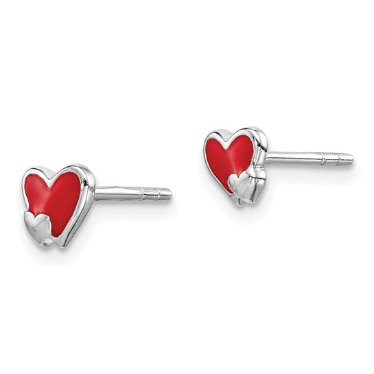 Sterling Silver Rhodium-Plated Red Enameled Heart Post Earrings
