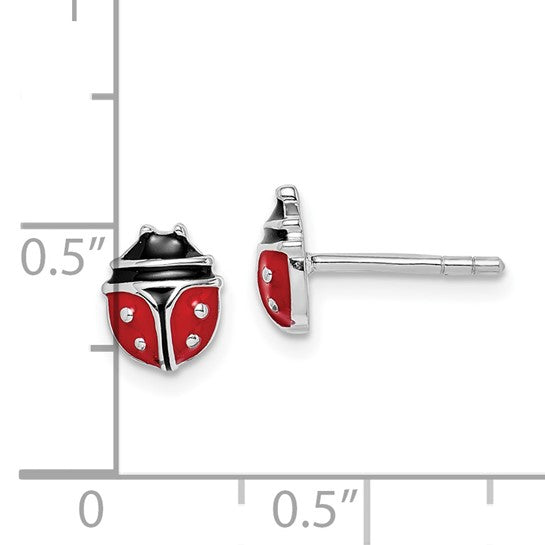 Sterling Silver Rhodium-Plated Red & Black Enameled Ladybug Post Earrings